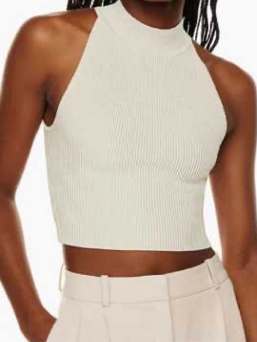 Aritzia Babaton Sculpt Knit White Mock Neck Crop Halter Top Medium